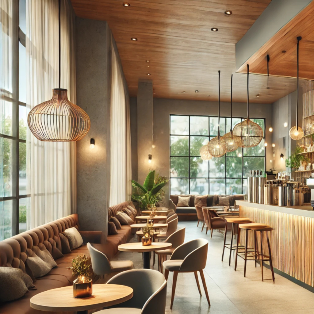 Vista en perspectiva del interior de una cafetería moderna y elegante de diseño contemporáneo. A la izquierda se observa un largo sofá corrido de capitoné marrón con mesas redondas de madera y sillas grises, iluminado por una gran lámpara colgante de mimbre. A la derecha se encuentra la barra del bar revestida con listones de madera verticales, taburetes altos y varias lámparas esféricas colgando sobre ella. Al fondo, un gran ventanal cuadriculado permite ver la vegetación exterior bajo un techo de paneles de madera clara.