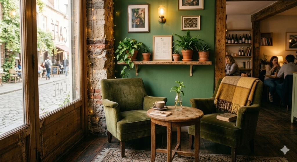 Rincón con dos sillones vintage de terciopelo verde, una mesa redonda de madera con una taza de café y una pared verde oliva decorada con plantas y cuadros.