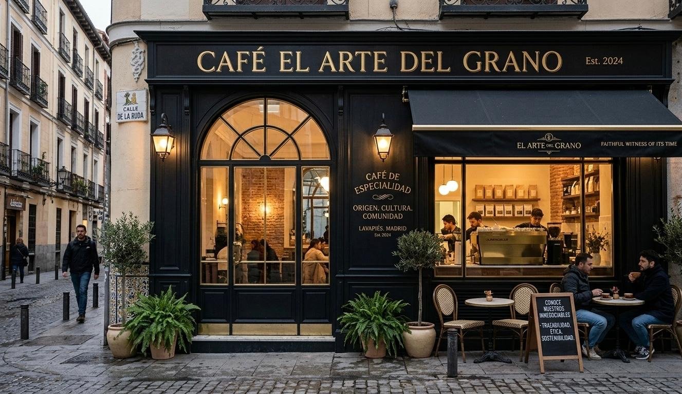Fachada exterior de color negro de la cafetería de especialidad El Arte del Grano en Lavapiés, con un gran ventanal que muestra el interior iluminado y clientes sentados en la terraza.