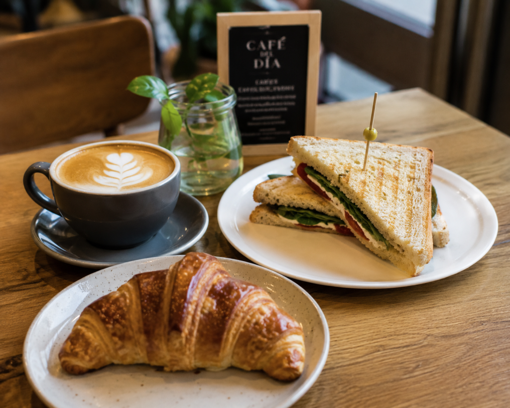 Composición cenital sobre una mesa de madera que muestra un desayuno o merienda. En primer plano hay un plato con un cruasán dorado y crujiente. Detrás, a la izquierda, una taza gris con un café latte art que dibuja una hoja. A la derecha, un plato blanco con un sándwich tostado cortado por la mitad en diagonal, relleno de espinacas, queso y tomate, sujeto con un palillo. Al fondo se aprecia un pequeño jarrón de cristal con plantas y un menú negro.
