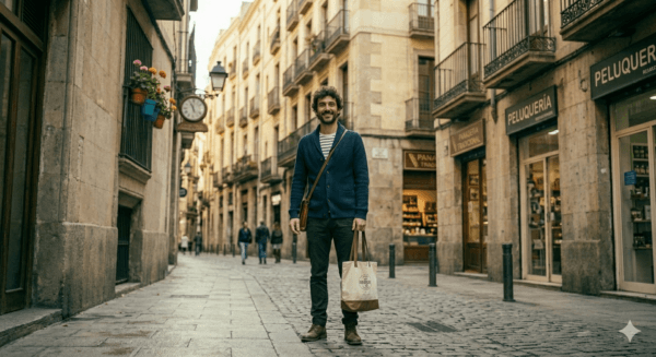Hombre joven con pelo rizado sonriendo de frente en una calle histórica de piedra, llevando una bolsa de tela y una chaqueta azul.